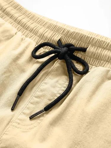 Vista 8 de JMIERR Pantalones cortos casuales de algodón con cordón de verano para la playa de sarga elástica chino golf corto con bolsillos Beige