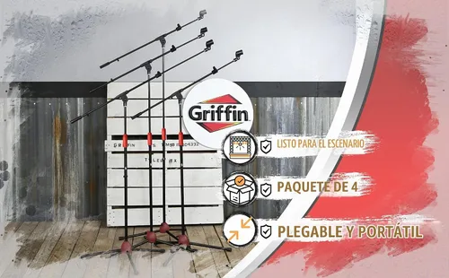 Vista 9 de GRIFFIN Paquete de 4 soportes de trípode para micrófono (serie StageLOCK), patas plegables, brazo telescópico y clip de micrófono para estudio