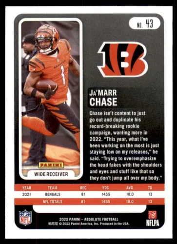Vista 2 de Tarjeta de intercambio de fútbol Panini Absolute #43 Ja'Marr Chase Cincinnati Bengals 2022