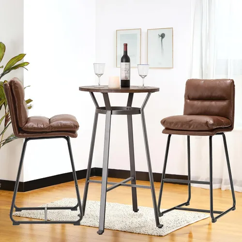 Vista 12 de Glitzhome Juego de mesa y sillas de comedor, mesa redonda de acero negro con parte superior de madera de olmo sólido y taburetes de bar de cuero