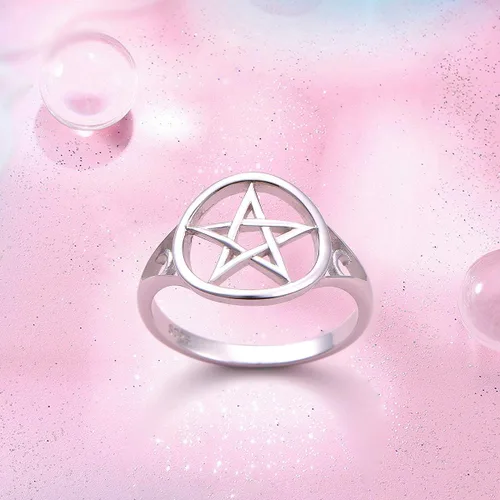 Vista 4 de Anillo de pentagrama y pentáculo de plata de ley S925 con amuleto de luna y bruja para mujeres y hombres