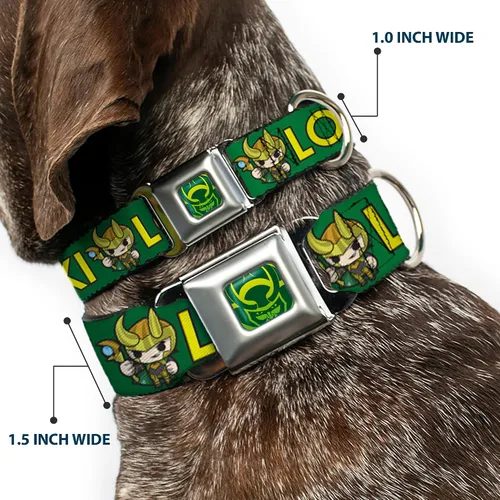 Vista 2 de Buckle-Down Collar de perro hebilla kawaii Loki pie pose texto verde amarillo multicolor, 1 pulgada de ancho - se adapta a cuello de 9-15 pulgadas
