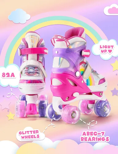 Vista 4 de SULIFEEL Patines de unicornio arcoíris para niños con equipo de protección ajustable, rosa, talla S, M