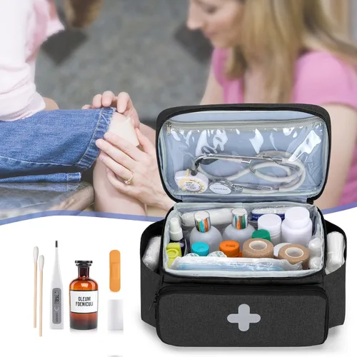 Vista 7 de CURMIO Pequeña bolsa de almacenamiento de medicamentos vacía, caja de primeros auxilios familiar, organizador de botellas de píldoras para Negro