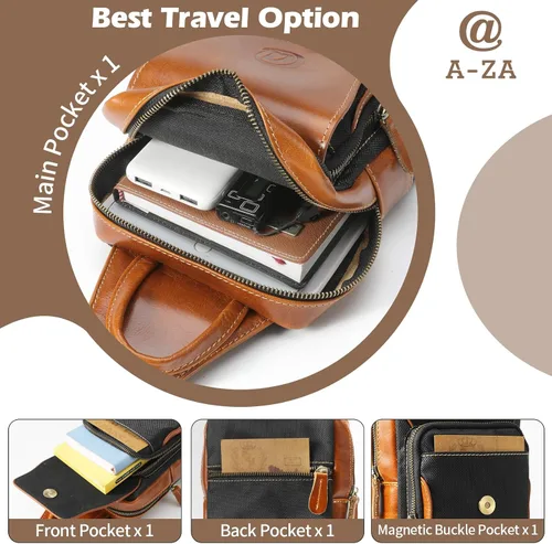 Vista 6 de Bolso bandolera de cuero genuino para hombre, mochila cruzada de cuero de grano completo para hombre, riñoneras, bolsa de pecho