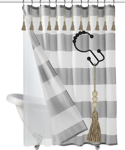 Vista 5 de Ganchos bohemios para cortina de ducha, anillos para decoración de baño, 12 piezas náuticas decorativas de acero inoxidable negro, resistentes a