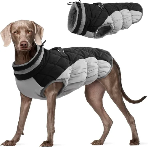 Vista 39 de Abrigo para perro, chaqueta cálida de invierno, acolchada, de vellón, chaleco reflectante con arnés, chaqueta de nieve impermeable con cremallera, a