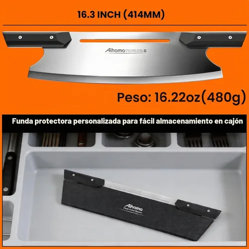 Vista 7 de Cuchilla de corte de pizza de 13 pulgadas, cuchillo de pizza japonés ultra afilado 420J1, cortador de pizza resistente con mango doble G10