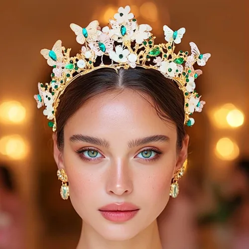 Vista 5 de Brishow Tocado de quinceañera con coronas de reina y mariposas doradas para mujer