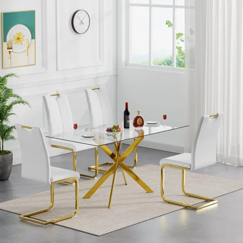 Vista 9 de SSLine Mesa de comedor moderna de cristal, rectangular de 51 pulgadas, color negro con patas de metal diseñadas en X para cocina y comedor