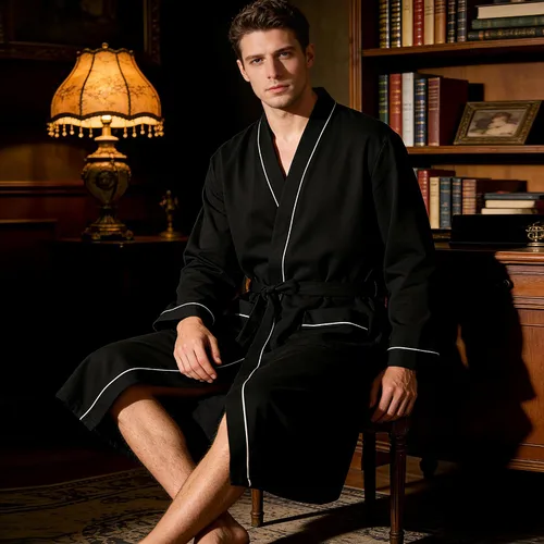 Vista 4 de U2SKIIN Mens 100% Cotton Cozy Robe, Ultra Soft Lightweight Bathrobe for Men Negro