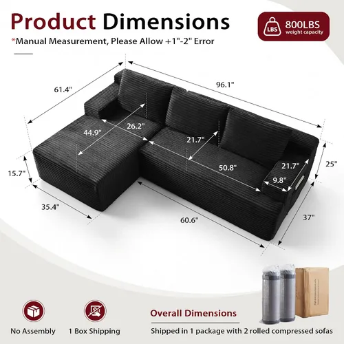 Vista 2 de Sofá modular moderno de 96 pulgadas para sala de estar, sofá modular tapizado, sin hueso, cómodo sofá nube con diván en forma de L