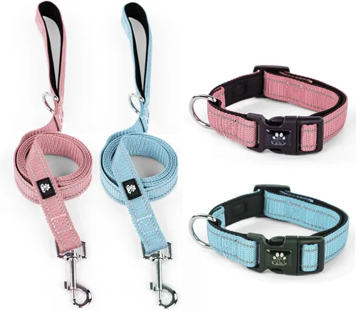Vista 14 de IVY&LANE Juego de collar y correa reflectante para perro, collares de perro acolchados de neopreno ajustable para cachorros, collar de nailon