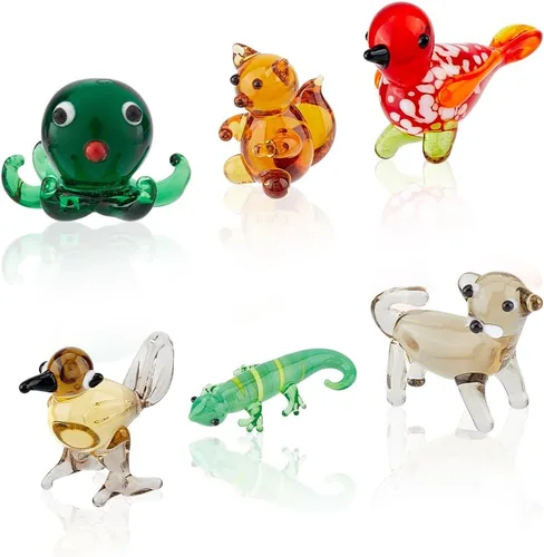 Vista 9 de 6 piezas de figuras de vidrio soplado a mano en miniatura, decoración de animales de cristal colorido, rana, ciervo sika, elefante, delfín mítico