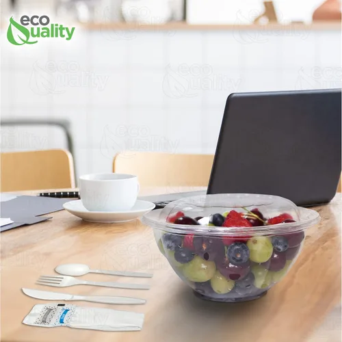 Vista 7 de Cuencos para ensalada de 32 onzas con tapas y cubiertos (300 unidades) – Recipientes de ensalada desechables de plástico transparente Para