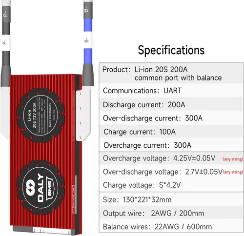 Vista 74 de DALY BMS 72V Li-ion 20S 30A Tablero de protección con cable de equilibrio de puerto común para panel solar autoconstruido, sistema de suministro