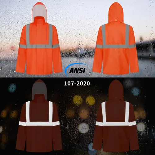 Vista 27 de TCCFCCT Chaqueta de lluvia de alta visibilidad para hombre, impermeable, abrigo de lluvia de alta visibilidad para hombres y mujeres con capucha