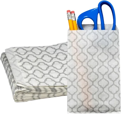 Vista 10 de Novel Box - Paquete de 100 bolsas planas de mercancía con estampado de cheurón azul de 4 x 6 pulgadas, elegante bolsa para regalos de cumpleaños