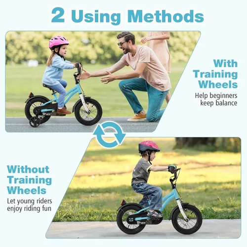 Vista 5 de BABY JOY Bicicleta deportiva de 12, 14, 16, 18 pulgadas, con ruedas de entrenamiento, asiento ajustable, freno de mano y freno de posavasos