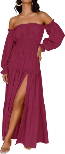 Vista 33 de ZESICA - Vestido largo, bohemio y sexy, con hombros descubiertos y manga larga fruncida, con elástico fruncido, cintura alta y abertura lateral