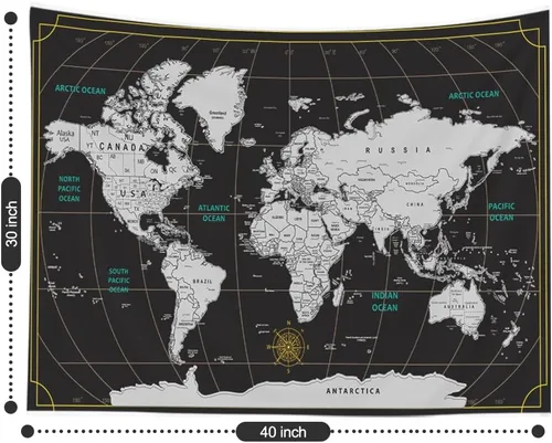 Vista 3 de CAPSCEOLL Tapiz de mapa del mundo para colgar en la pared, tapiz blanco y negro para decoración del hogar, 40 x 30 pulgadas, mapa para habitación