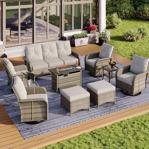 Vista 8 de Aoxun Juego de muebles de mimbre de ratán de 10 piezas con mesa para fogata Gris