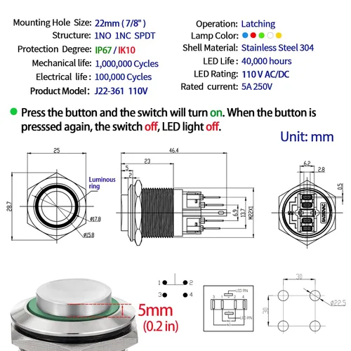 Vista 2 de Interruptor de botón de 0.866 in con cierre redondo alto impermeable IP67 de acero inoxidable 304 con luz LED de 110 V 120 V CA para 7/8 pulgadas