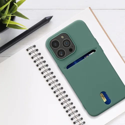 Vista 2 de kwmobile Funda compatible con Apple iPhone 13 Pro, funda de TPU suave con tarjetero y acabado de silicona, color verde bosque