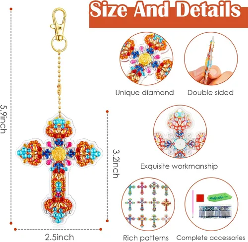 Vista 2 de Henoyso Juego de 20 llaveros de pintura artística con diamantes para adultos, 5D de doble cara en forma de cruz de diamante en forma de cruz