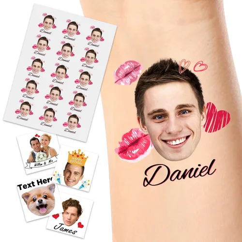 Vista 6 de YesCustom Tatuajes temporales personalizados con nombre, corazones de amor, tatuaje de cara falsa personalizada con foto para mujeres y hombres