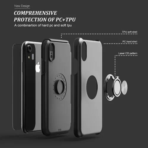 Vista 4 de Funda compatible con iPhone XR con protector de pantalla de vidrio templado para hombres, funda protectora ligera 2 en 1 con soporte de anillo