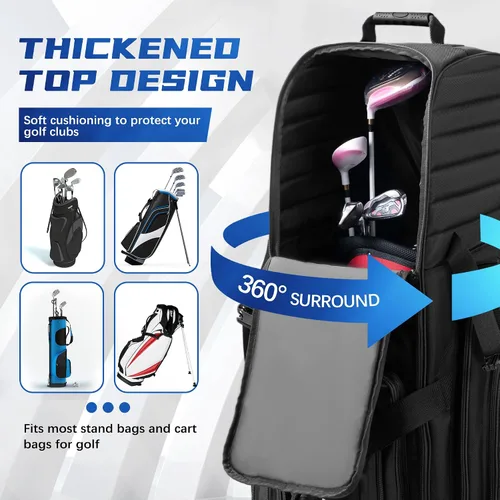 Vista 5 de UNIHIMAL Funda para bolsa de viaje de golf con ruedas, material 1680D con cabeza acolchada y detalles de cuero, bolsas de golf plegables