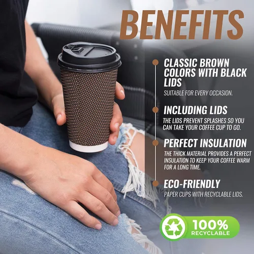 Vista 5 de Promora Tazas de café desechables marrones con tapas de 16 onzas, tazas de papel onduladas de papel aislado premium para café caliente