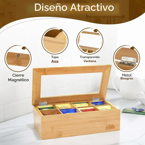 Vista 4 de Fuller Organizador de caja de té de bambú con 8 compartimentos, estuche de almacenamiento de té de bambú natural con tapa acrílica transparente