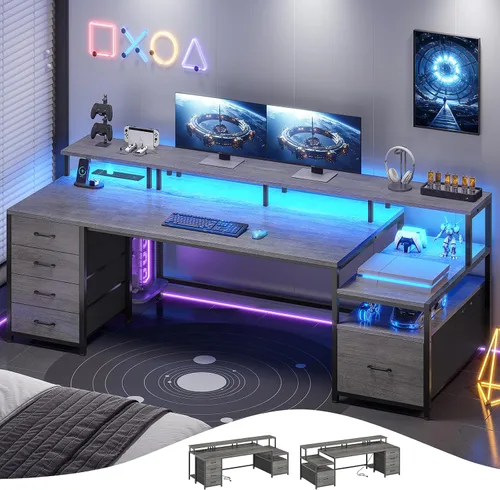 Vista 10 de SEDETA Escritorio para computadora con 5 cajones, toma de corriente, luces Negro con luces LED