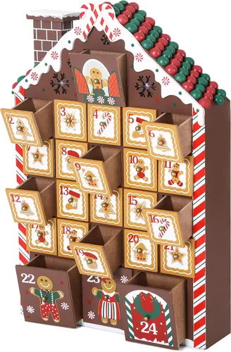 Vista 3 de BRUBAKER Calendario de Adviento de madera reutilizable para rellenar, casa de jengibre con iluminación LED, calendario de Navidad de bricolaje
