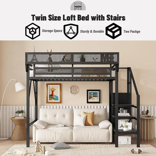 Vista 3 de Cama tipo loft individual con escaleras, cama alta de metal tamaño individual con estantes de almacenamiento y armario, estante de noche y gran