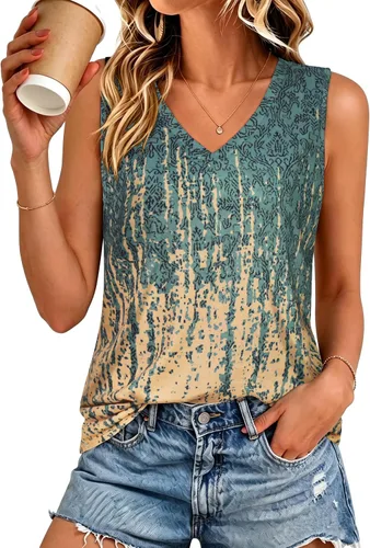 Vista 21 de Camisetas de verano para mujer, sin mangas, con cuello en V, ajuste holgado, casual, blusa tipo túnica Ab Cadetblue