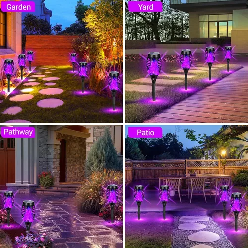 Vista 2 de Luces solares de Halloween moradas para exteriores con llama Púrpura