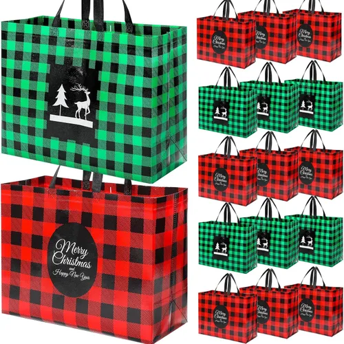 Vista 10 de Colarr 12 piezas bolsas de mano de Pascua extra grandes con asa, bolsa de regalo de primavera, no tejida, a cuadros búfalo, impermeable