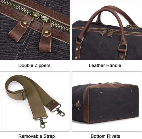 Vista 30 de S-ZONE - Bolsa de viaje de lona sobredimensionada con adornos de cuero genuino, bolsa deportiva de hombro de fin de semana, bolso de fin de semana