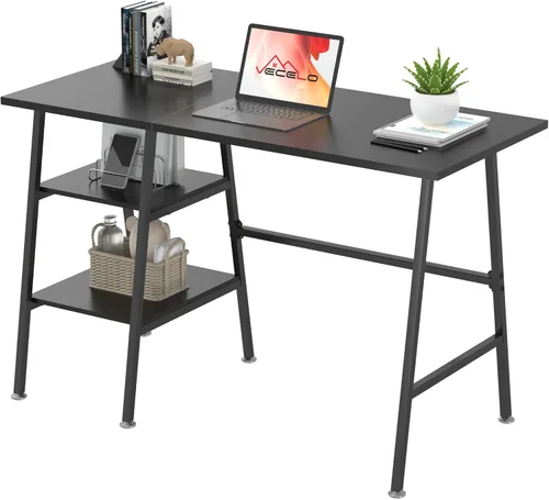 Vista 11 de VECELO Escritorio para computadora de 43 pulgadas, mesa de estudio, oficina, escritorio moderno con estantes, escritorio de madera para el Negro