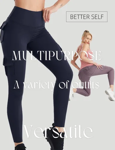 Vista 4 de COMFY ONE Leggings cargo con bolsillos para mujer, cintura alta, yoga, entrenamiento, descanso, tallas XS-2XL