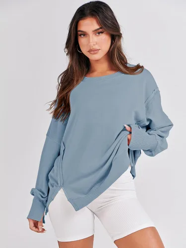 Vista 3 de ANRABESS Sudadera de gran tamaño para mujer, cuello redondo, manga larga, casual, con abertura, para otoño de 2024, ropa de preparación