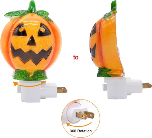 Vista 6 de Luz nocturna enchufable de calabaza con enchufe giratorio de 360 grados para decoración de Halloween