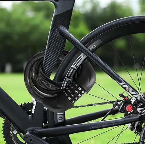 Vista 5 de Candado de cable para bicicleta de 6 pies de largo, candado de combinación reseteable de 4 dígitos, cable de acero resistente con revestimiento