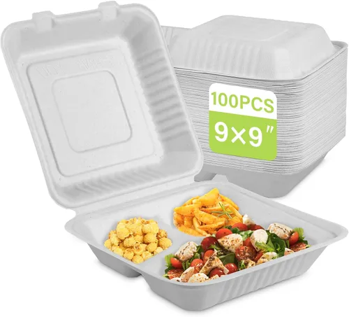 Vista 10 de greensight Envases para llevar desechables 6x6, paquete de 100 envases para alimentos en forma de concha, cajas compostables para llevar, envases