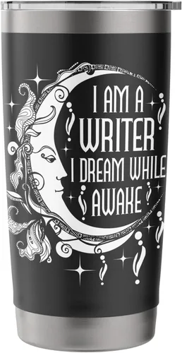 Vista 3 de Vaso aislado de acero inoxidable con texto en inglés "I Am A Writer I Dream While Awake Author Book Novelist Poet
