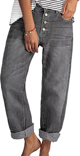 Vista 3 de Flamingals Jeans de pierna recta para mujer, cintura baja, botón rasgado