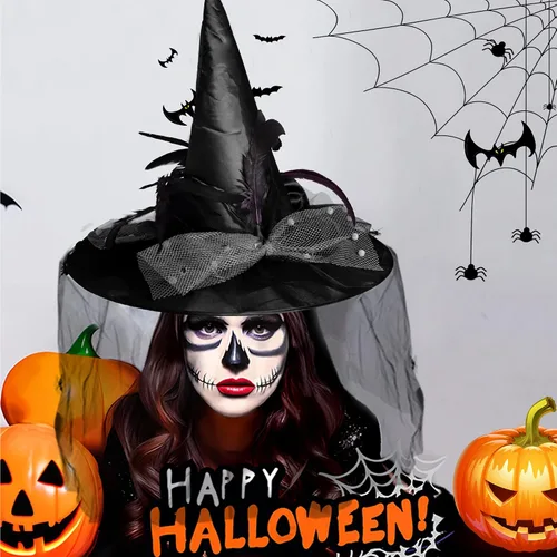 Vista 2 de Goetland - gorro de bruja con velos arañas y plumas para Halloween para mujer